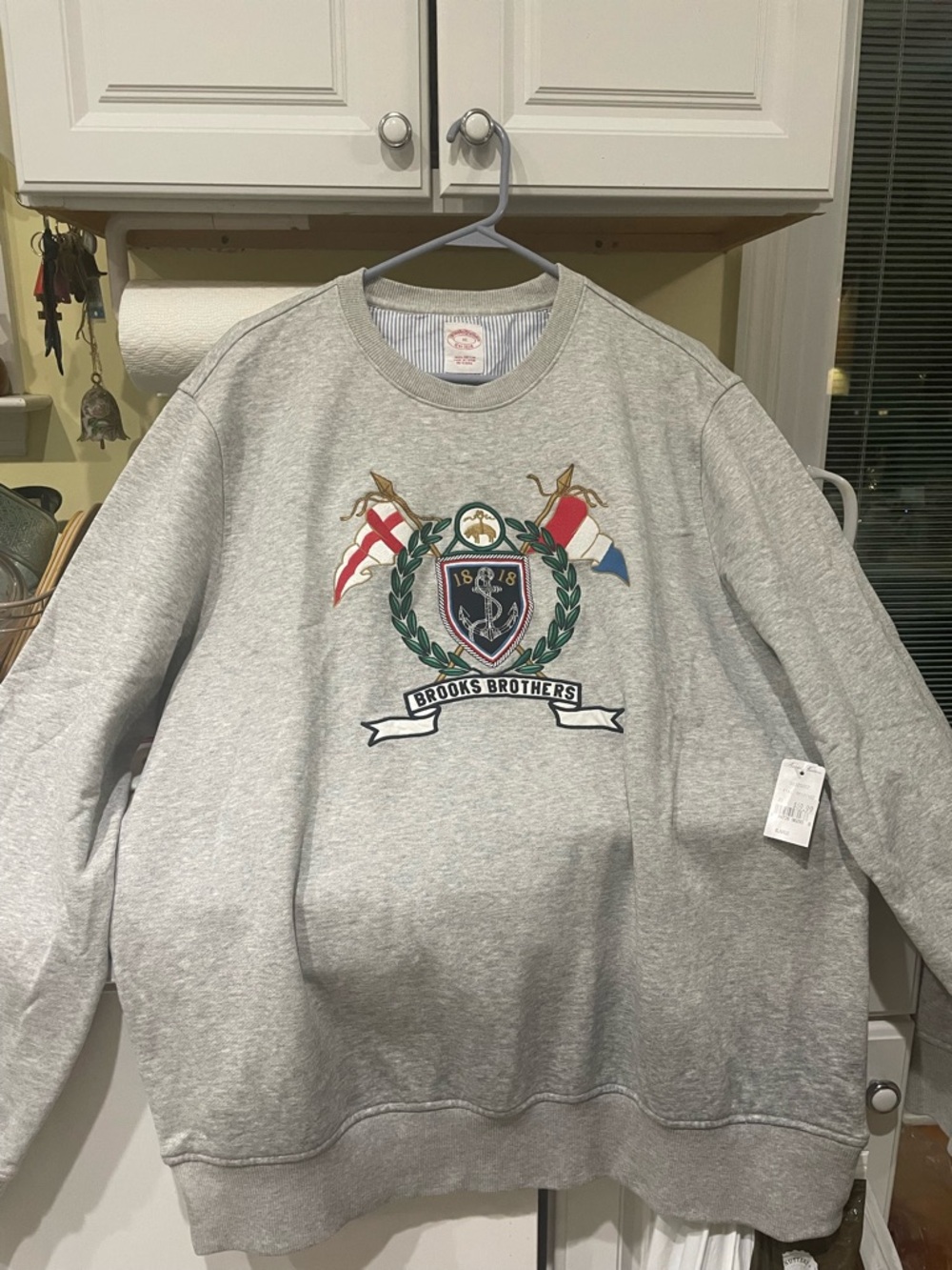 Brooks Brothers Gray Crewneck Sweatshirt with Embroidered Crest and Flags
